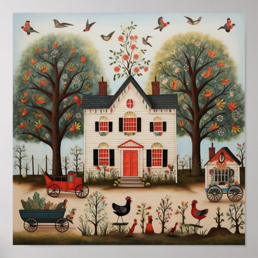 Poster American Folk Art White Farmhouse (Devant)