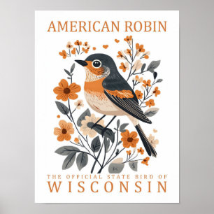 Poster American Robin Bird of Wisconsin Travel