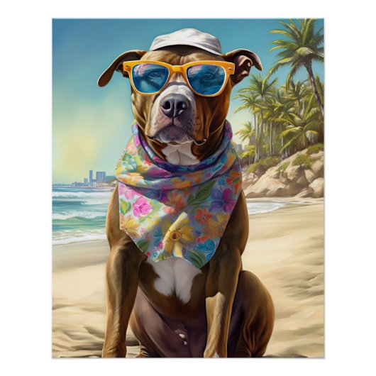 Poster American Staffordshire sur la plage, cadeau d'été (Devant)