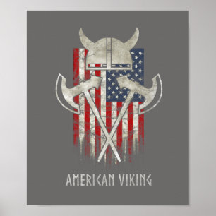 Poster American Viking. Drapeau, Détaché, Casque, Ax