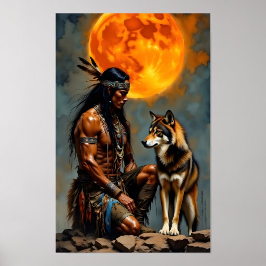 Poster Amérindien et Loup (Devant)