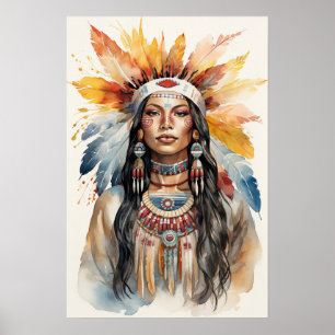 Poster Amérindien Princess Watercolor Art