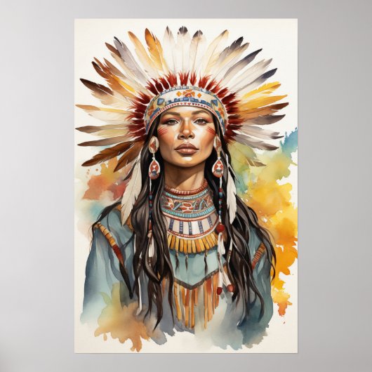 Poster Amérindien Princess Watercolor Art (Devant)