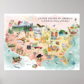 Poster Amérique | Carte de l'aquarelle illustrée USA (Devant)