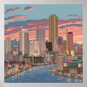 Poster Amérique Skyline de la ville de Boston, Boston Ma