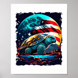 Poster Amérique tortue sous lune avec drapeau américain