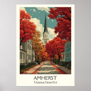Poster Amherst Massachusetts Vintage Fall Town Travel Art