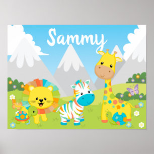 Poster Amis de la jungle colorés et mignons pour enfants