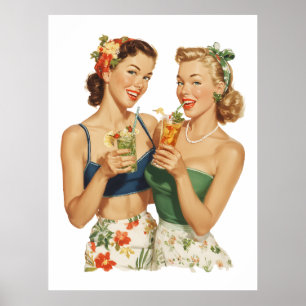 Poster Amis du cocktail d'été pin-up vintage