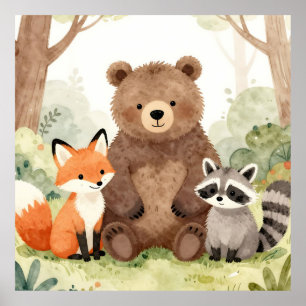 Poster Amis mignons de la forêt Ours Renard Raton laveur 