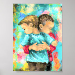 Poster Amitié - Enfants s'étreignant - Paix Amour - Peint