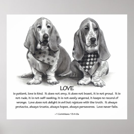 POSTER AMOUR : 1 CORINTHIENS 13 : BASSET HOUNDS, PENCIL (Devant)