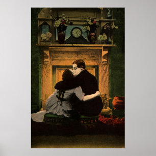 Poster Amour et romance vintage, baiser au feu romantique