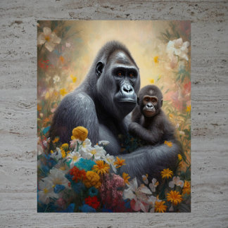 Poster Amour Maternel - Image de Gorille Mère en Aquarell