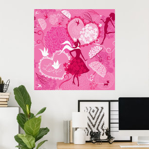 Poster Amour romantique Silhouette Motif Coeurs roses