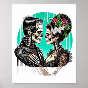 Poster Amoureux d'Halloween squelette de Frankenstein pou
