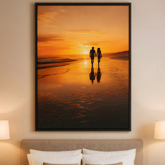 Poster Amoureux du coucher de soleil - Silhouette de plag
