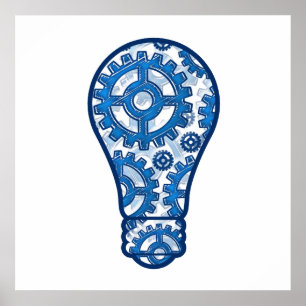 Poster Ampoule à lumière des engrenages bleus