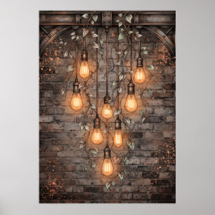 Poster Ampoules Edison Industrielles Lierre Brique Sombre