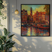 Poster Amsterdam canal maisons de style van Gogh