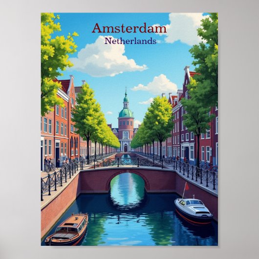 Poster Amsterdam Netherlands Gouache Illustration Travel (Devant)
