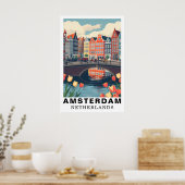 Poster Amsterdam Netherlands Travel Bicycles Tulip (Cuisine)