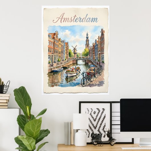 Poster Amsterdam Pays-Bas aquarelle (Bureau à domicile)