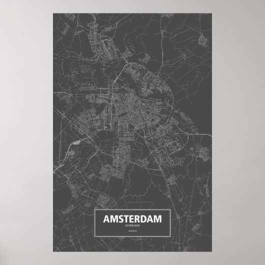 Poster Amsterdam, Pays-Bas (blanc sur noir) (Devant)