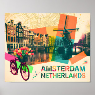 Poster Amsterdam Pays-Bas Canal Art de voyage Pop Vintage