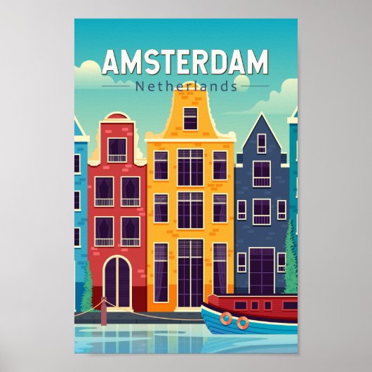 Poster Amsterdam Pays-Bas Maisons colorées Voyage Rétro (Devant)