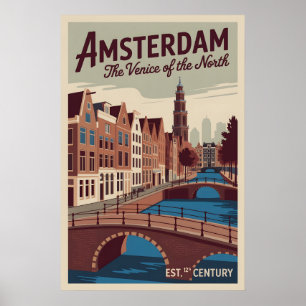 Poster Amsterdam Pays-Bas Skyline Voyage Rétro
