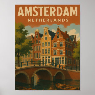 Poster Amsterdam Pays-Bas Vue de Canal Vintage