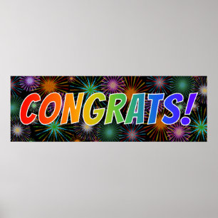 Poster Amusant, coloré, Arc-en-ciel "FÉLICITE !" + Feu d'