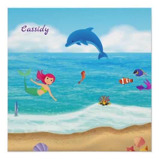 Poster Amusement dans le soleil Mermaid Dolphin Beach Per (Devant)