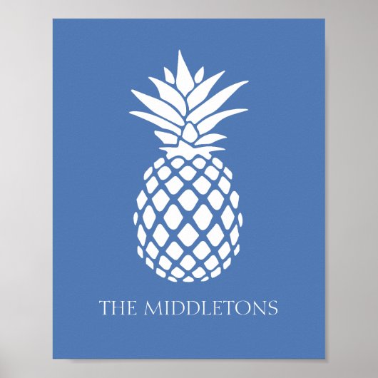 Poster Ananas blanc chic sur fond bleu (Devant)
