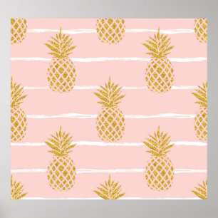 Poster Ananas en or, Arrière - plan d'été rayé.