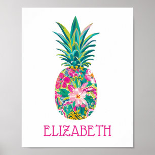 Poster Ananas Floral Tropical Rose et Vert