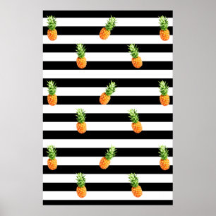 Poster Ananas, motif à rayures noires, Toile d'ananas