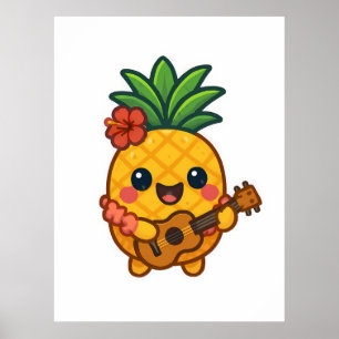 Poster Ananas souriant Kawaii - Tropical