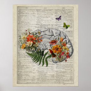 Poster Anatomie du cerveau avec fleurs et papillons
