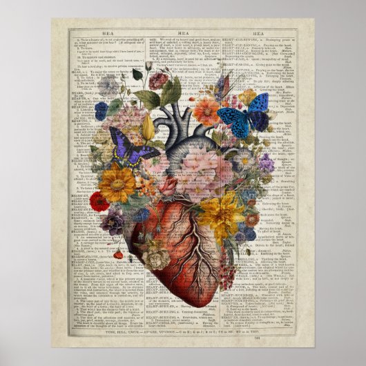 Poster Anatomie du coeur humain avec fleurs et papillons (Devant)