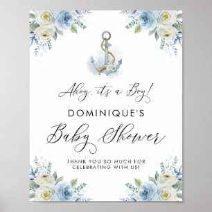 Poster Anchor Blue Floral Nautical Baby Shower Welcome