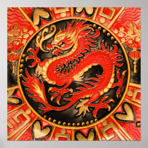 Poster Ancien Dragon chinois traditionnel Rouge Or Or