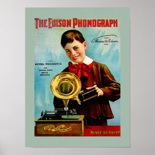 Poster Ancien Edison Phonographe Cylindre Enregistrement 