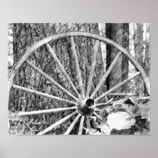 Poster Ancien Wagon Roue Noir Crayon Art (Devant)