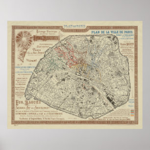 Poster Ancienne carte de Paris France (1895)