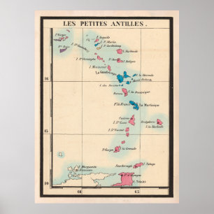 Poster Ancienne carte des Petites Antilles (1844) Caraïbe