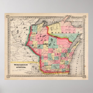 Poster Ancienne carte du Wisconsin (1865) État Vintage du