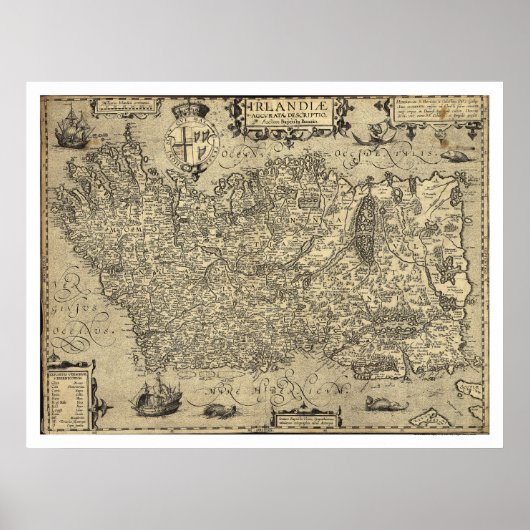 Poster Ancienne Irlande Carte Ortelius Dessinée Par Baozi (Devant)