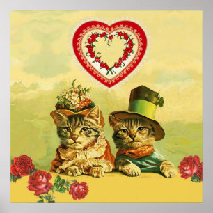 POSTER ANCIENNE MODE AMUSANTE VALENTINES JOURNÉE CHATS, C